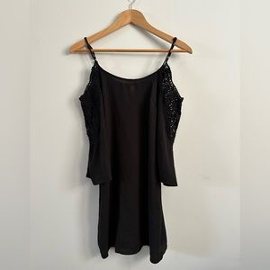 Black off the shoulder long sleeve polyester dress with lace detailing